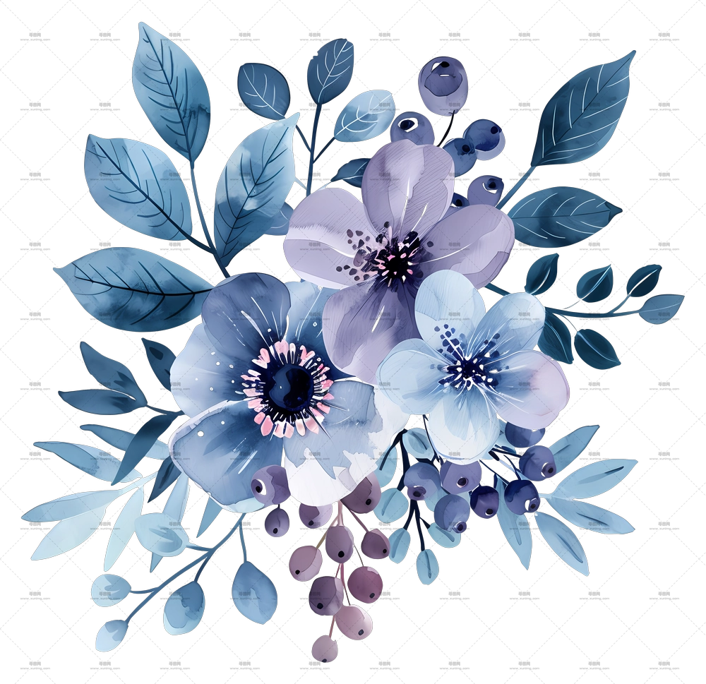 蓝色花束 – 蓝色水彩花卉摆设PNG免抠图预览图
