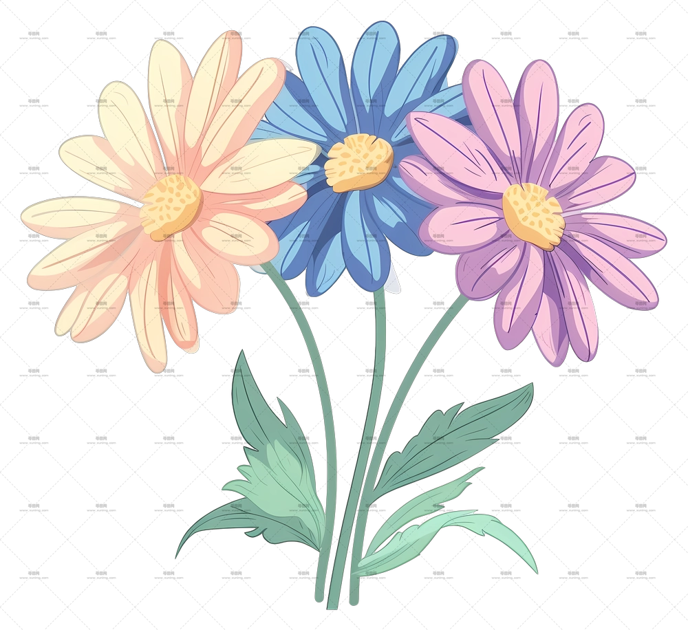 雏菊花束 – 色彩缤纷的雏菊插画，风格鲜明PNG免抠图预览图