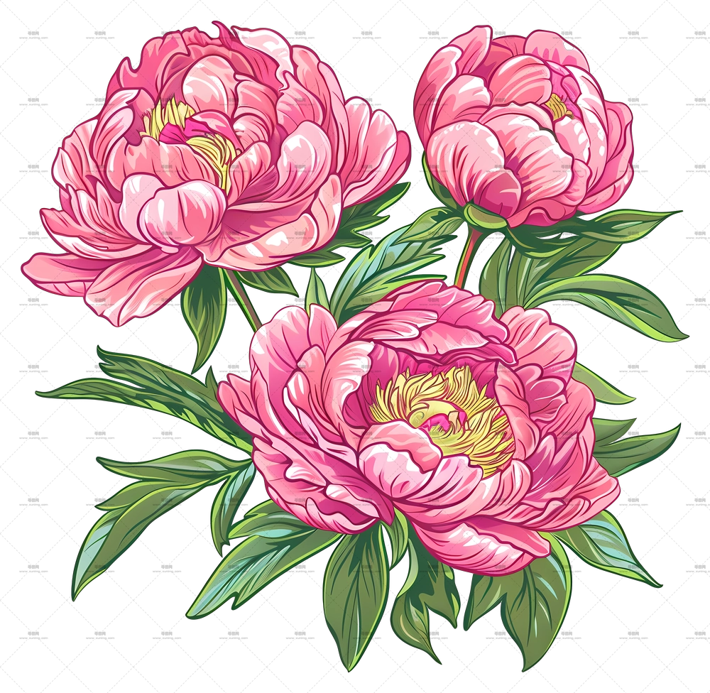 牡丹花束 – 粉色花朵与绿叶的可爱花束PNG免抠图预览图