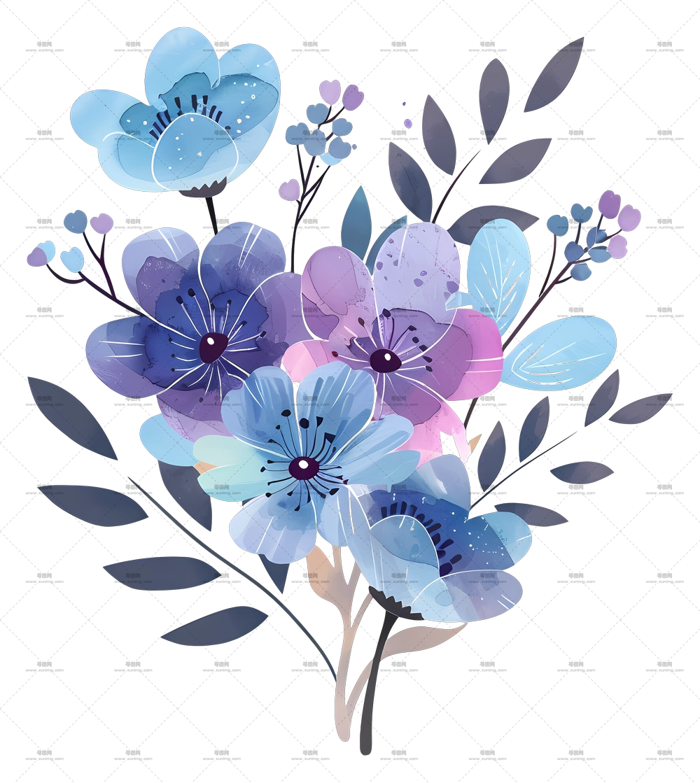 蓝色花束 – 蓝色花卉水彩插画PNG免抠图预览图