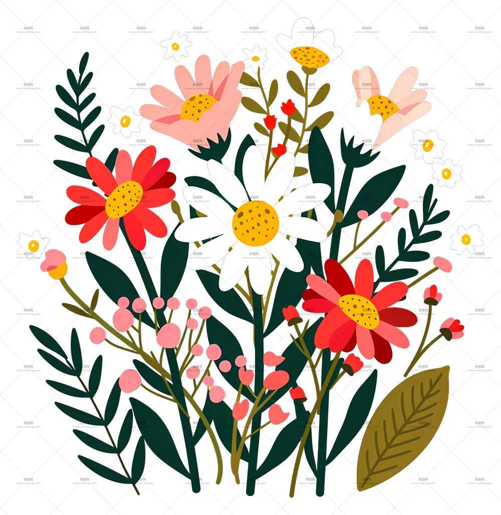 雏菊花束 – 多彩野花与雏菊花束插画PNG免抠图预览图