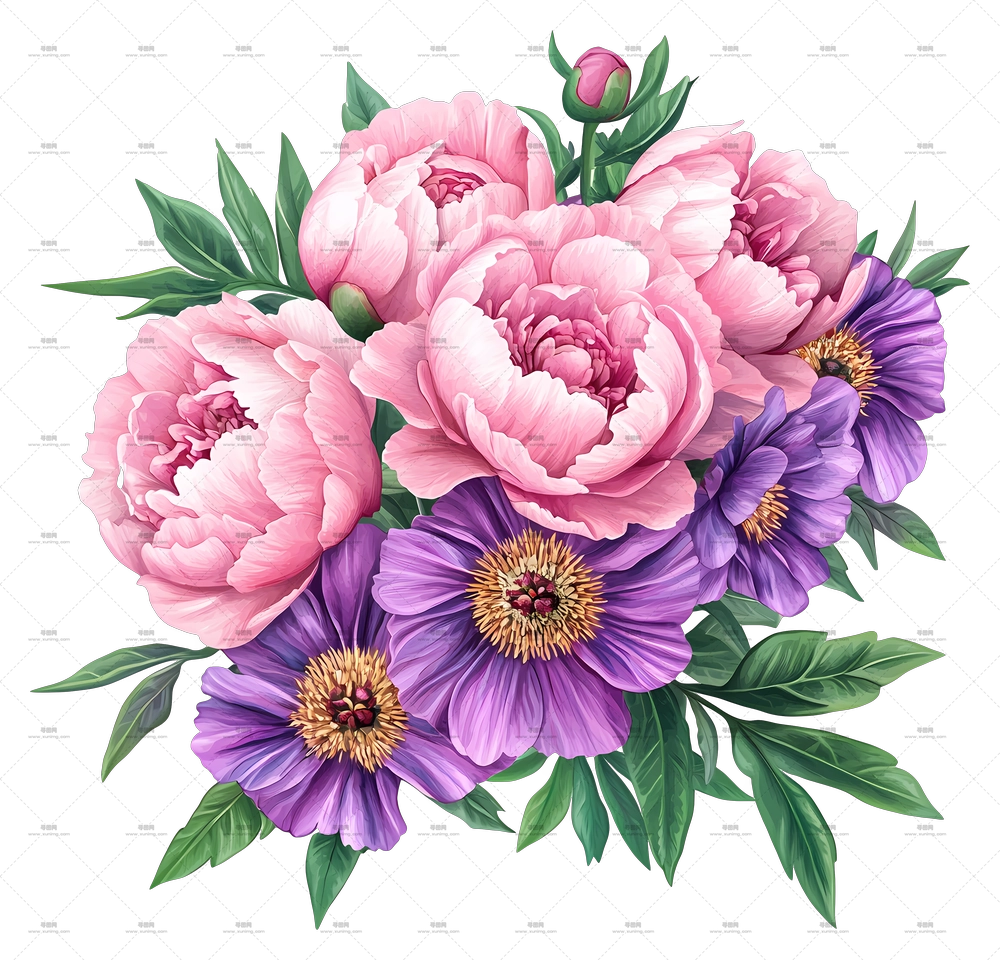 粉色花束 – 粉色与紫色花束插画PNG免抠图预览图