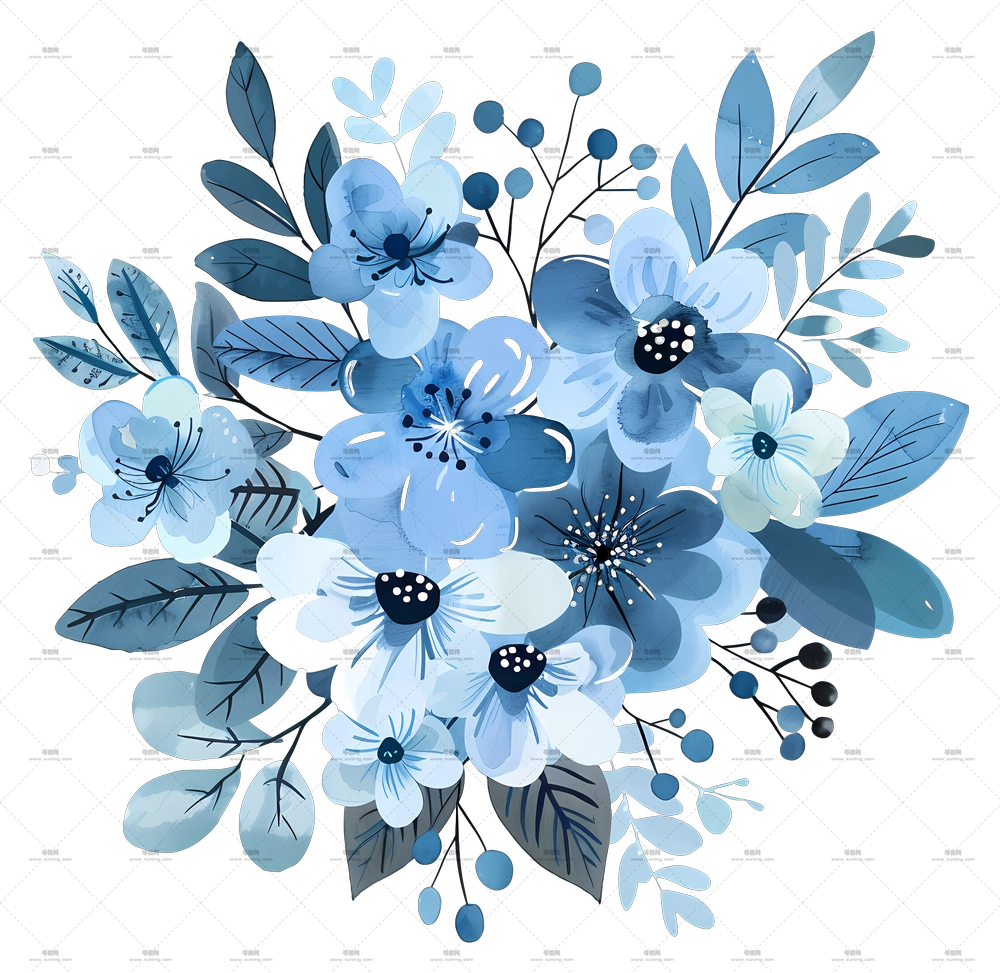 蓝色花束 – 精美的蓝色花卉花束摆设PNG免抠图预览图