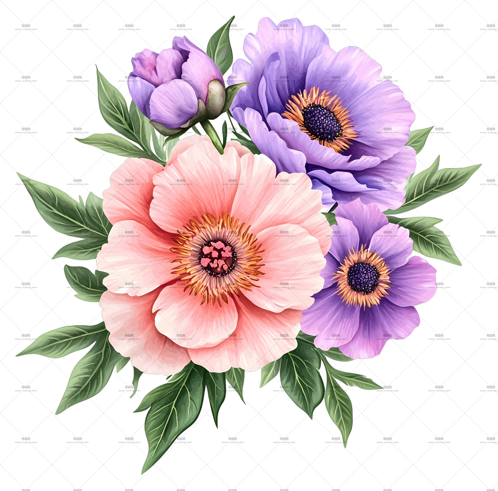 粉色花束 – 粉色和紫色花朵与绿叶PNG免抠图预览图