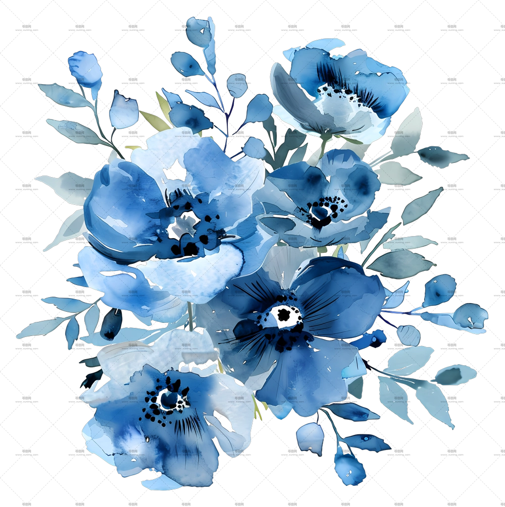 蓝色花束 – 蓝色花朵的水彩画PNG免抠图预览图