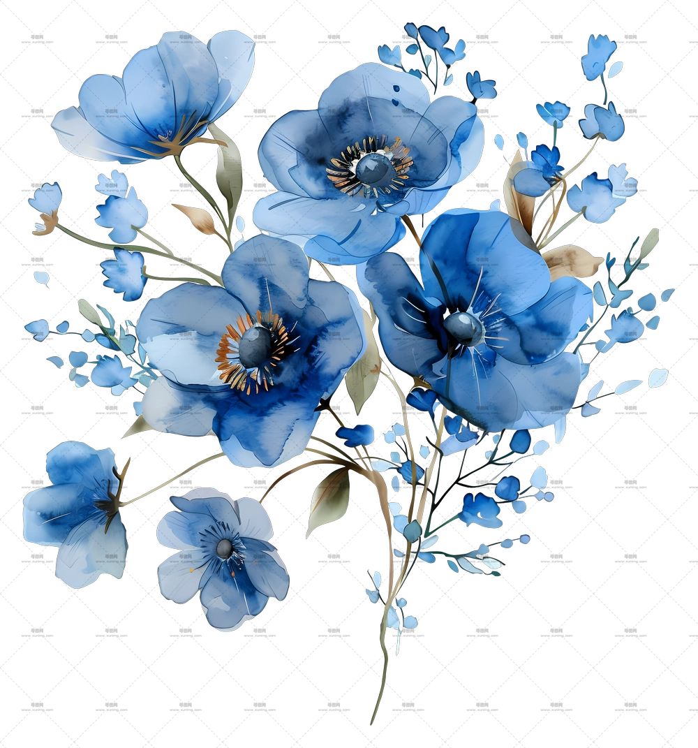 蓝色花束 – 精美的蓝色水彩花卉装饰PNG免抠图预览图