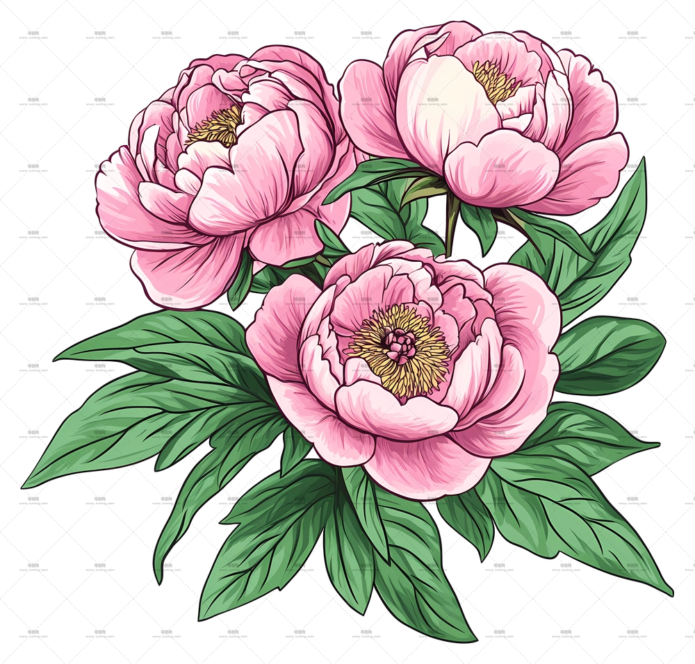 牡丹花束 – 带绿叶的粉色牡丹花插画PNG免抠图预览图