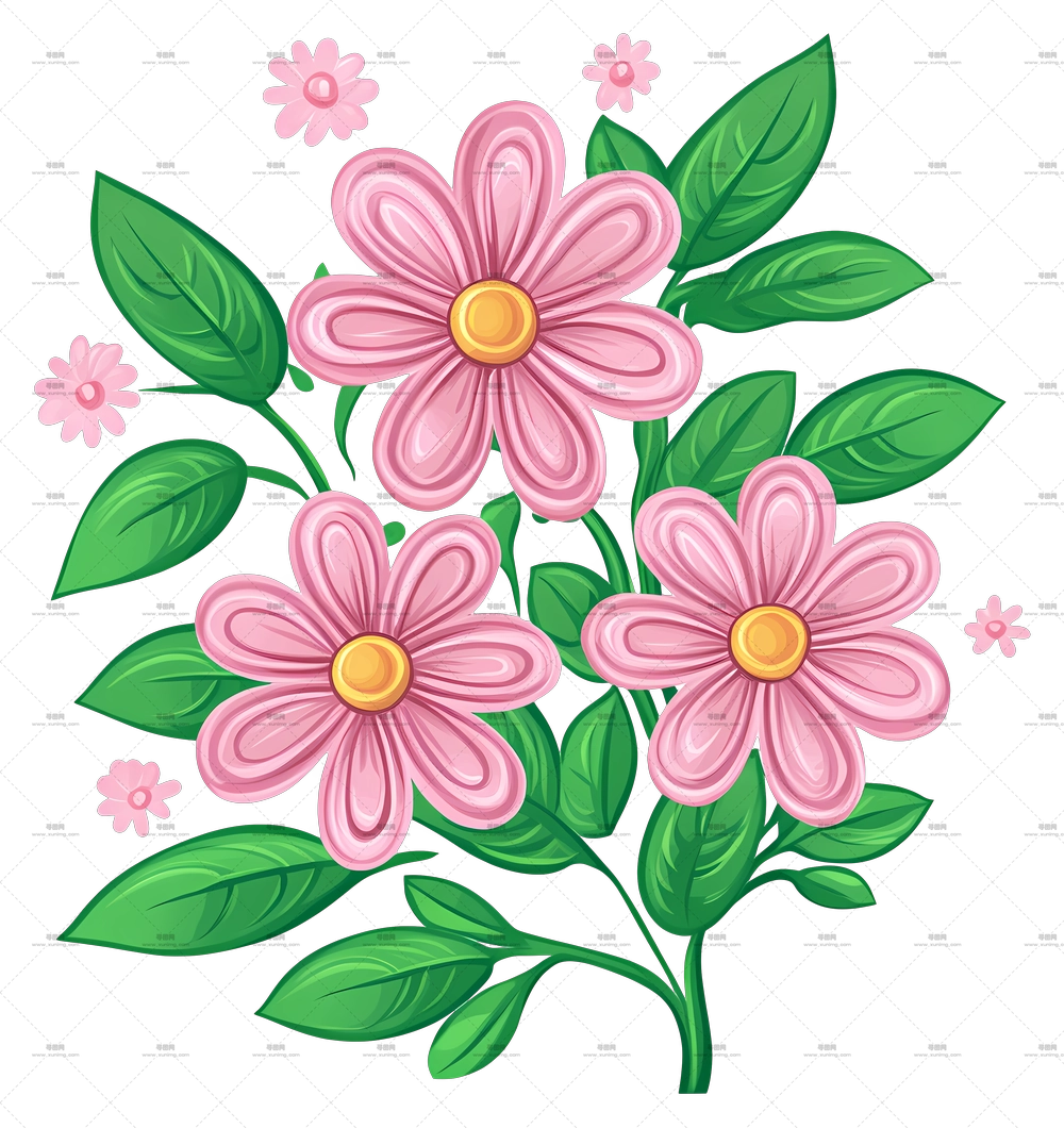 雏菊花束 – 带绿叶的粉色雏菊插画PNG免抠图预览图