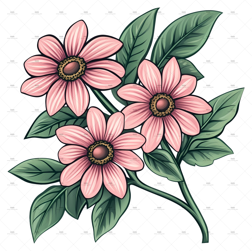 雏菊花束 – 带绿叶的粉色花朵插画PNG免抠图预览图