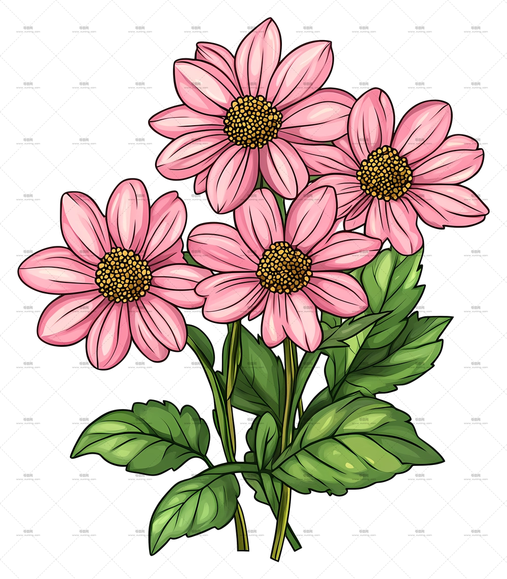 雏菊花束 – 带绿叶的粉色雏菊插画PNG免抠图预览图