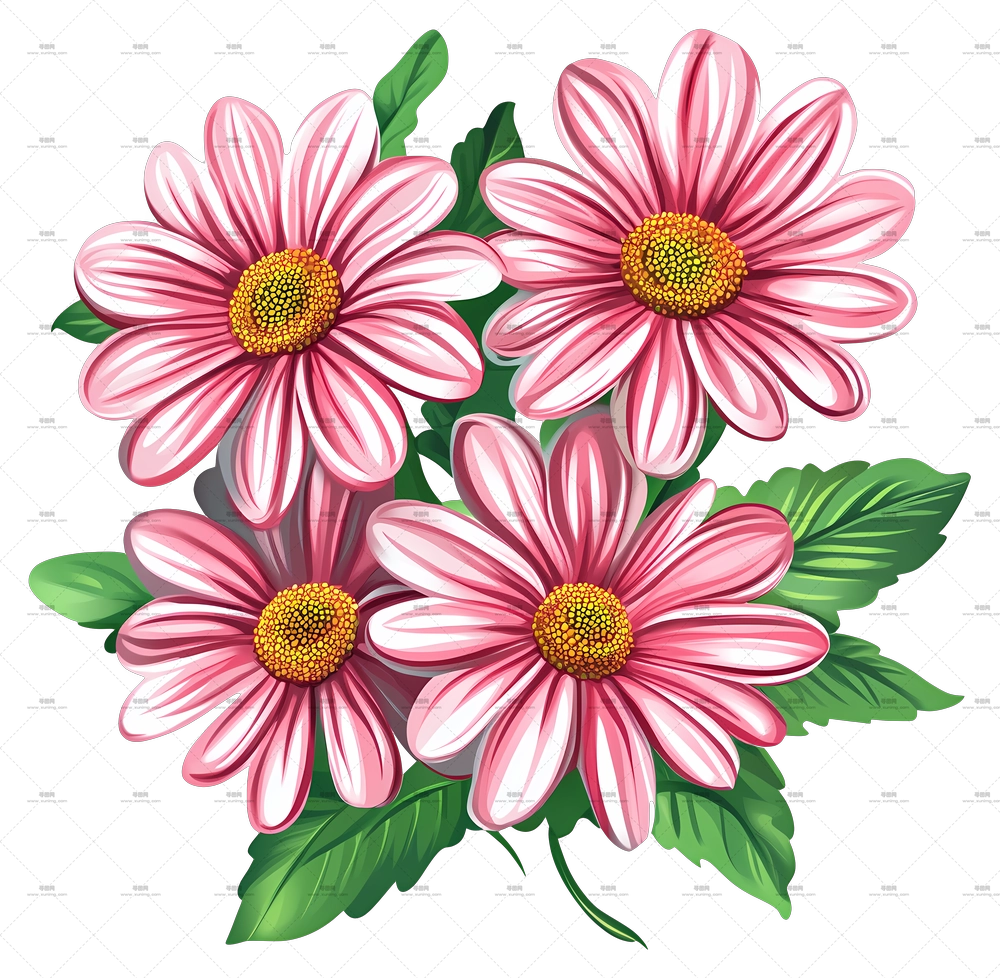 雏菊花束 – 粉色雏菊簇拥着绿叶PNG免抠图预览图