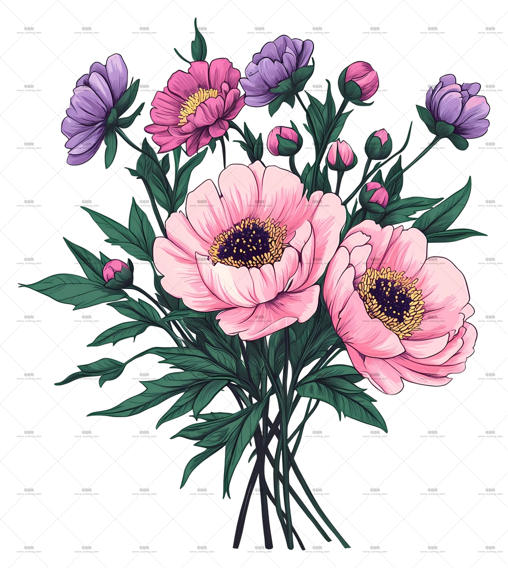 粉色花束 – 粉色与紫色花朵花束插画PNG免抠图预览图