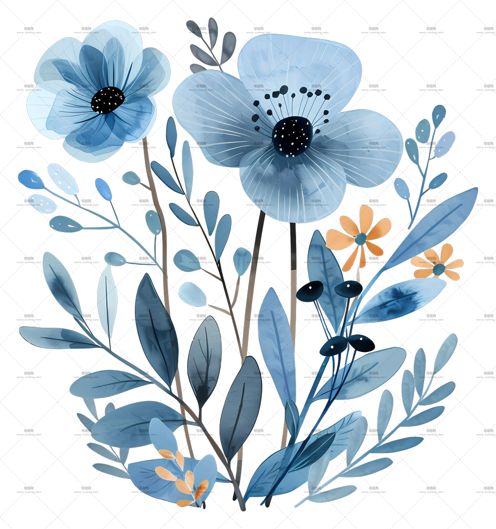 蓝色花束 – 蓝色水彩花卉与叶丛PNG免抠图预览图