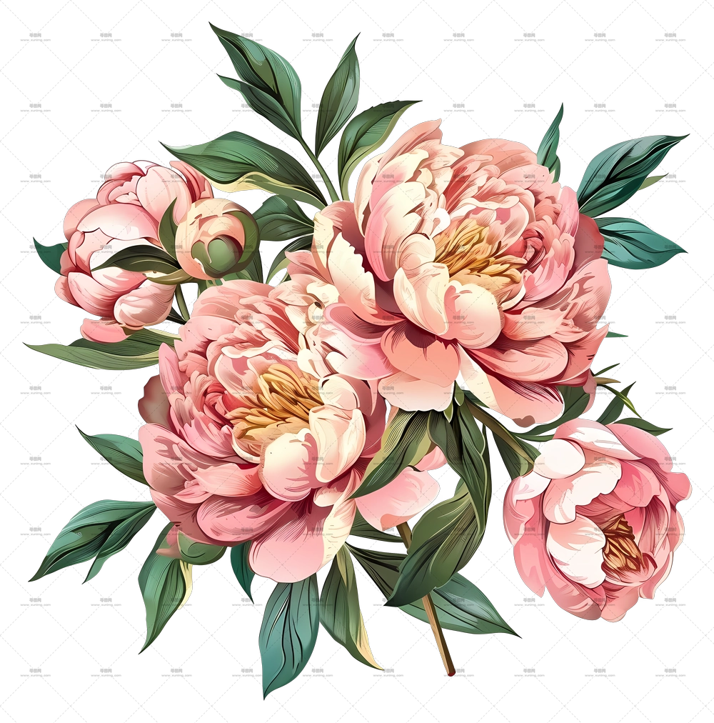 牡丹花束 – 粉色牡丹的植物插画PNG免抠图预览图