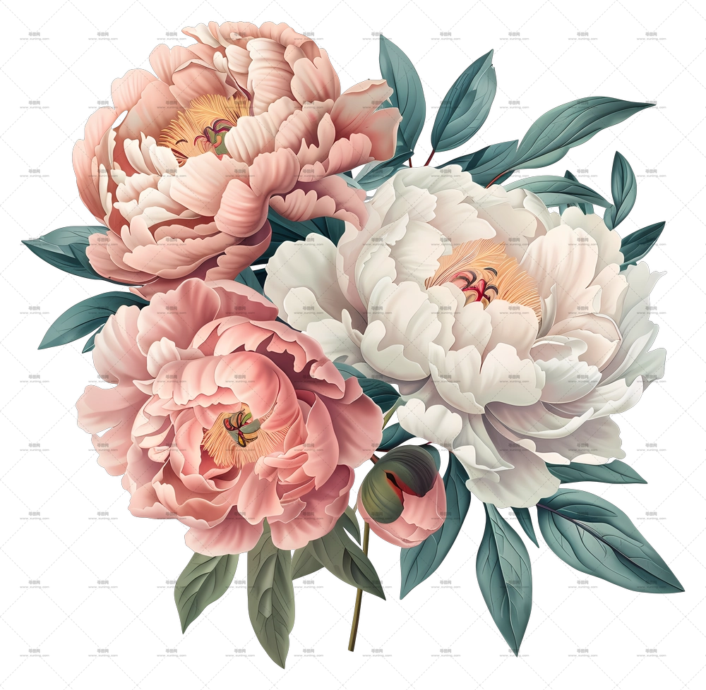 牡丹花束 – 粉色与白色的美丽牡丹PNG免抠图预览图