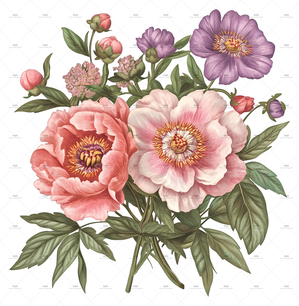 粉色花束 – 复古花卉花束插画PNG免抠图预览图