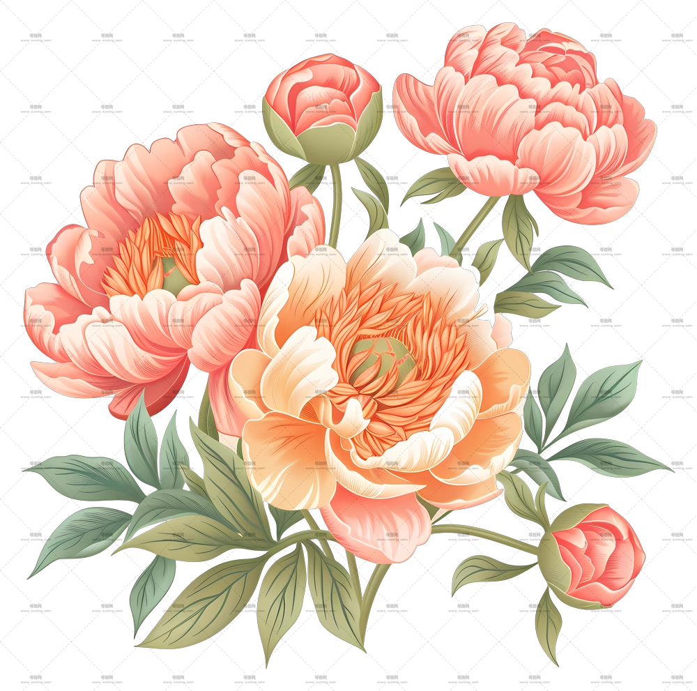 牡丹花束 – 粉色和桃色牡丹花插画PNG免抠图预览图