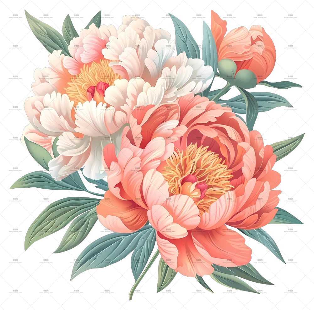 牡丹花束 – 柔和淡彩花卉花束PNG免抠图预览图