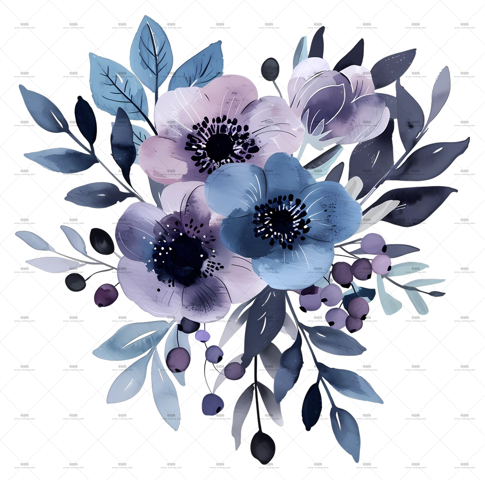 蓝色花束 – 蓝色花卉水彩花束矢量图PNG免抠图预览图