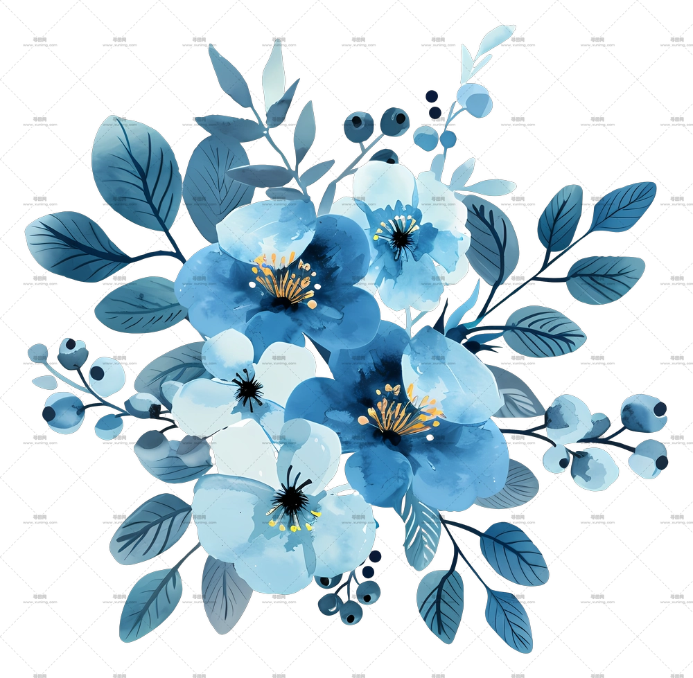 蓝色花束 – 蓝色水彩花卉设计插画PNG免抠图预览图