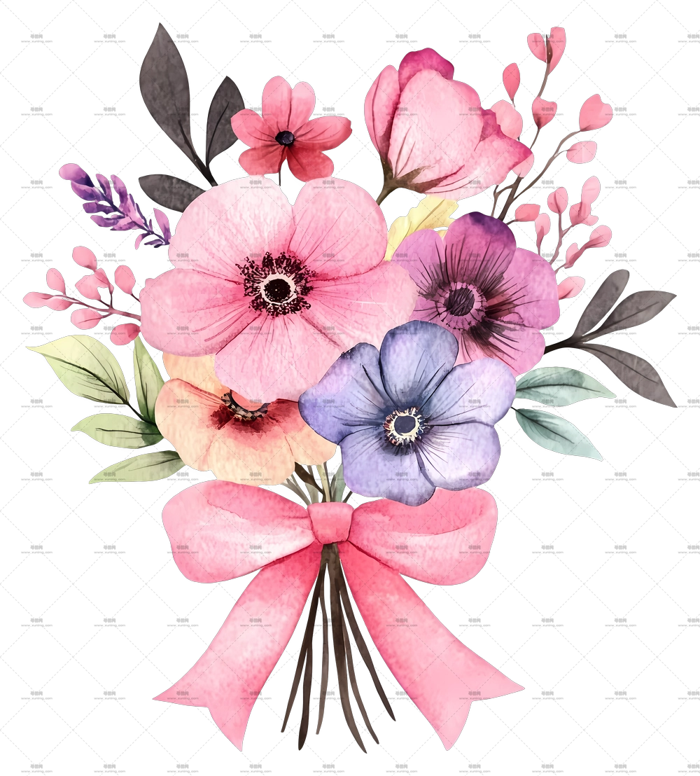 粉色花束 – 带蝴蝶结的多色花卉束PNG免抠图预览图