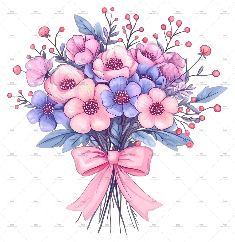 粉色花束 – 带丝带蝴蝶结的多彩花束PNG免抠图预览图