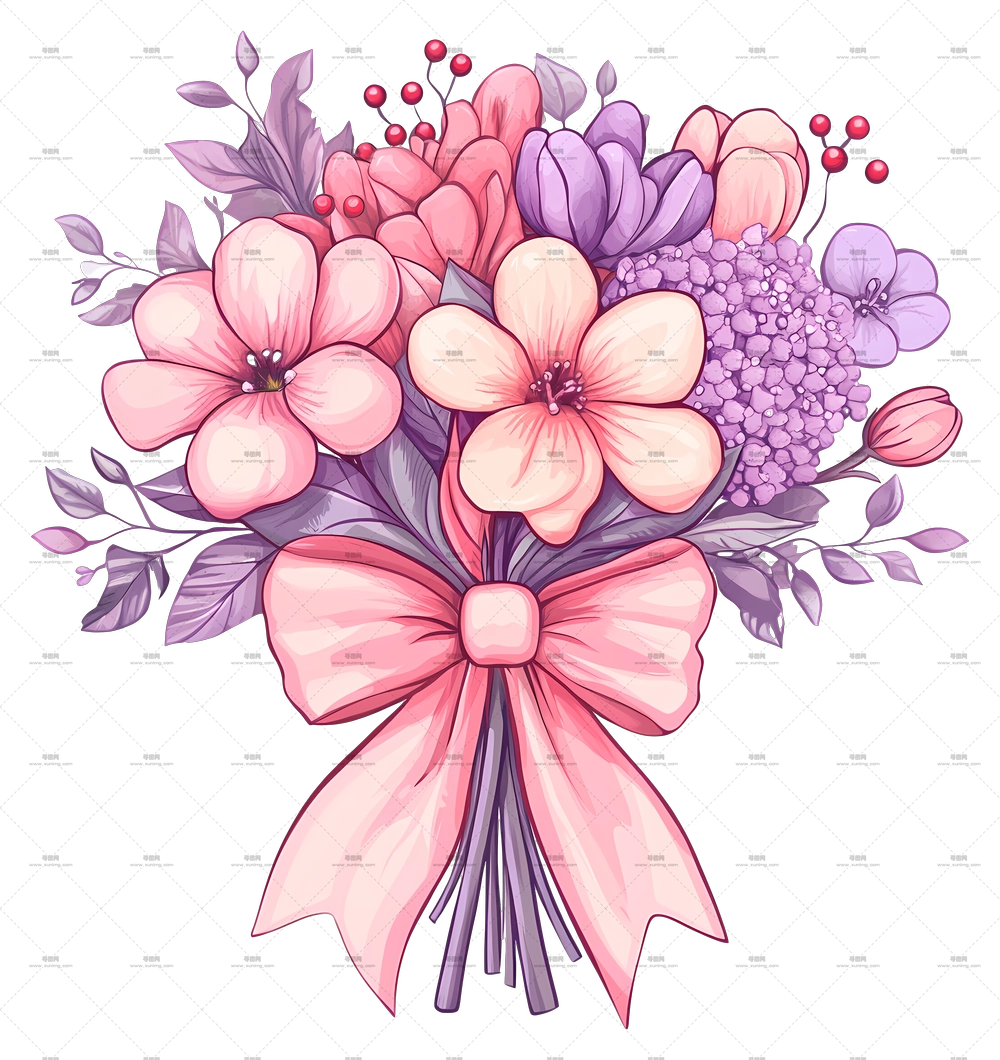 粉色花束 – 带丝带插画的美丽花束PNG免抠图预览图