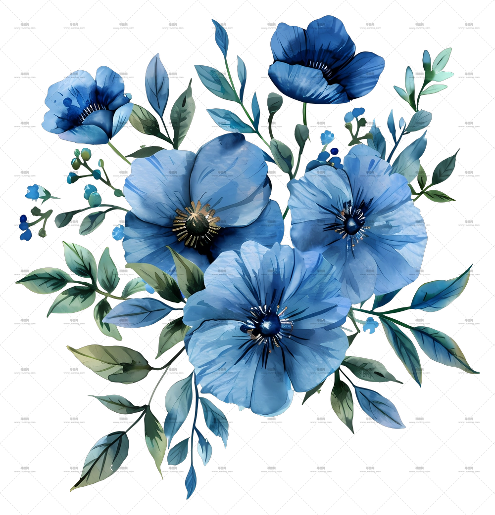 蓝色花束 – 美丽的水彩蓝色花朵PNG免抠图预览图