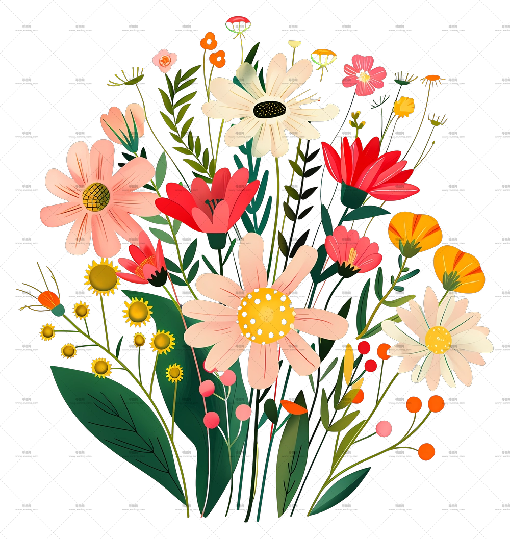 雏菊花束 – 带野花的彩色花卉插画PNG免抠图预览图