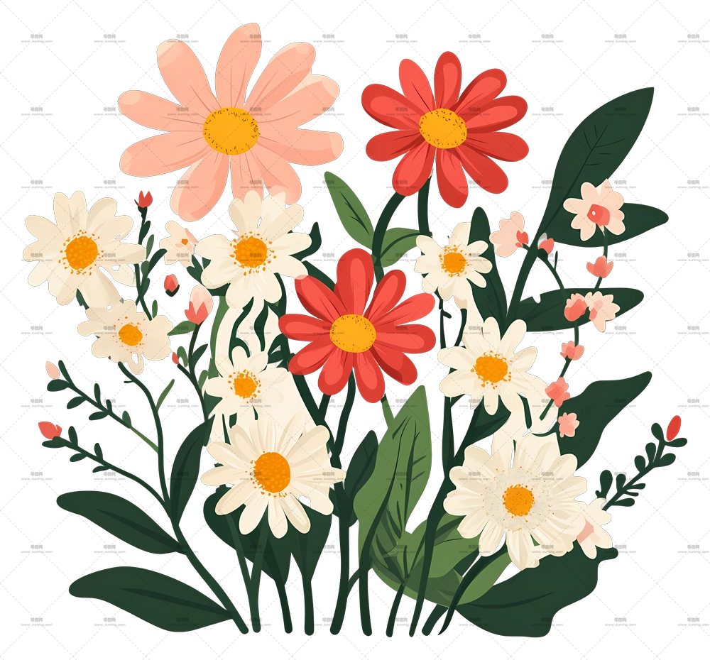 雏菊花束 – 欢快的雏菊和红花朵插画PNG免抠图预览图