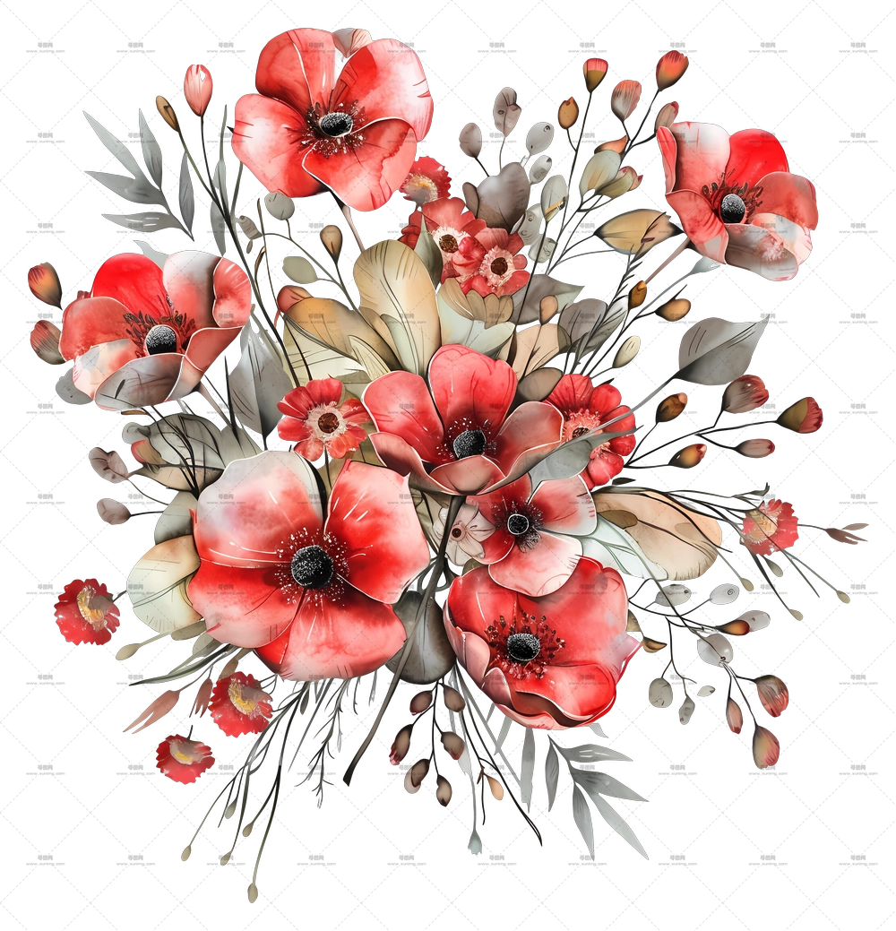 水彩红色花卉束设计PNG免抠图预览图
