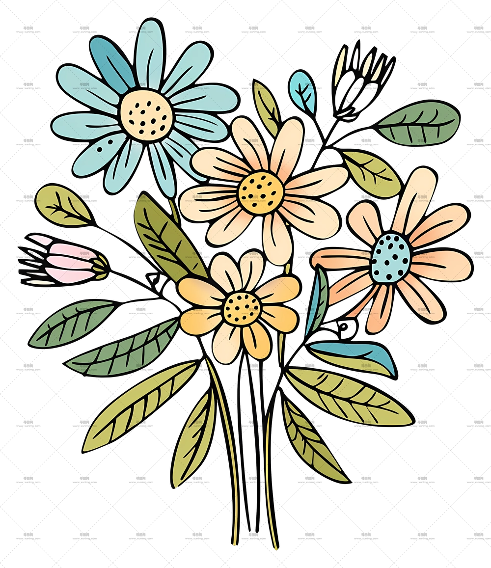 雏菊花束 – 带叶子的涂鸦风格花朵PNG免抠图预览图