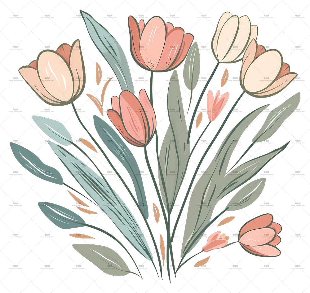 郁金香花束 – 春季淡彩郁金香插画PNG免抠图预览图