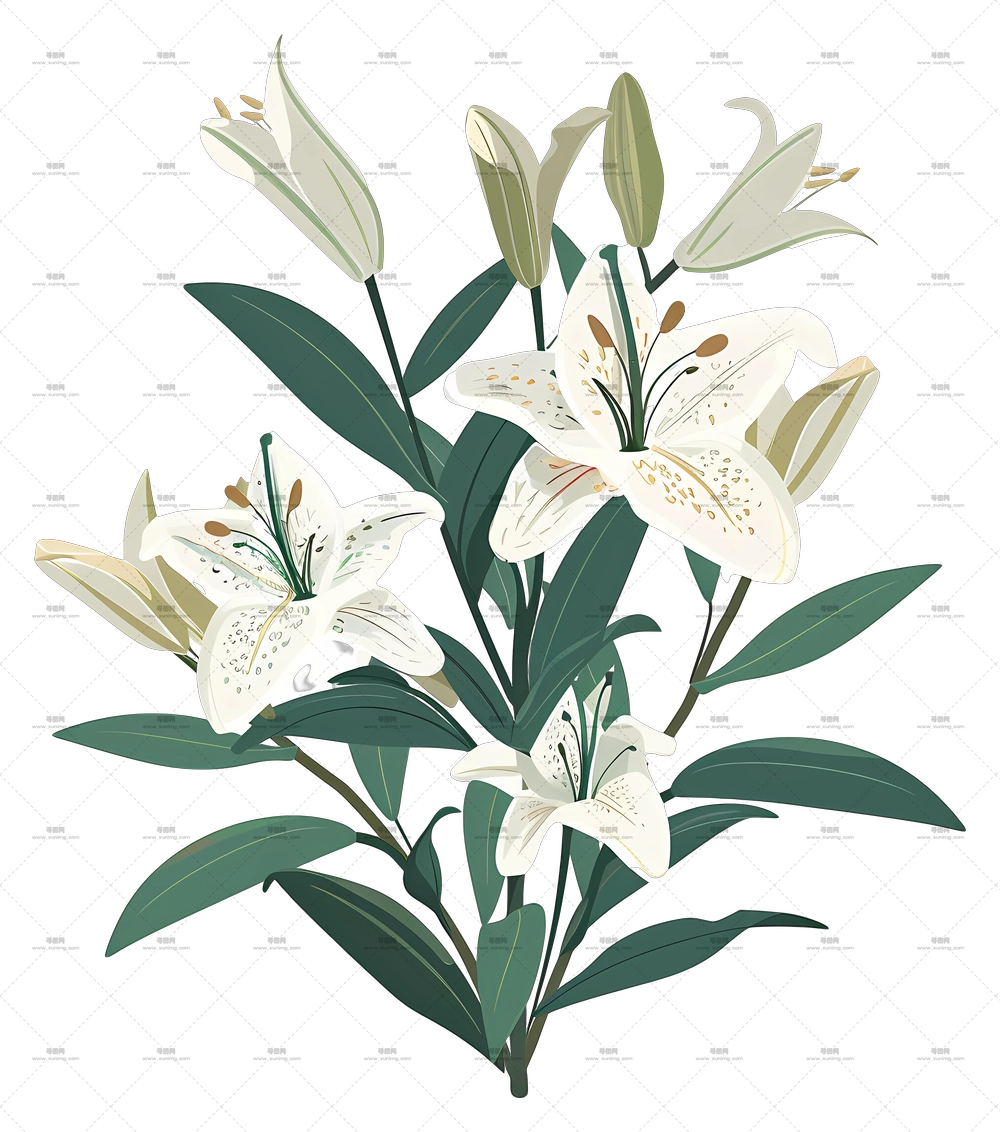 百合花束 – 带叶子的白色百合花卉插画PNG免抠图预览图