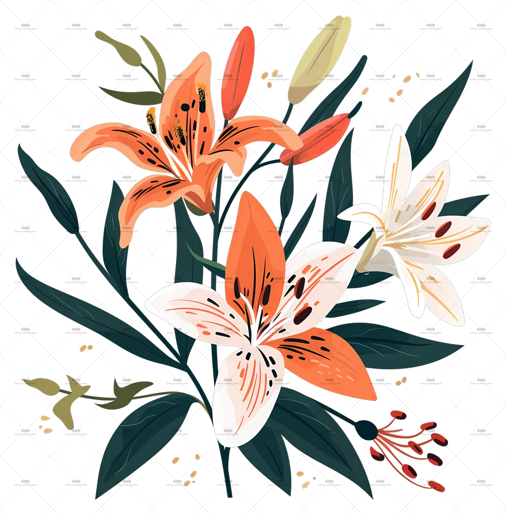 百合花束 – 橙白花卉插画PNG免抠图预览图