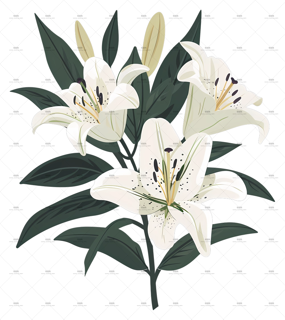 百合花束 – 精致白色百合与绿叶PNG免抠图预览图