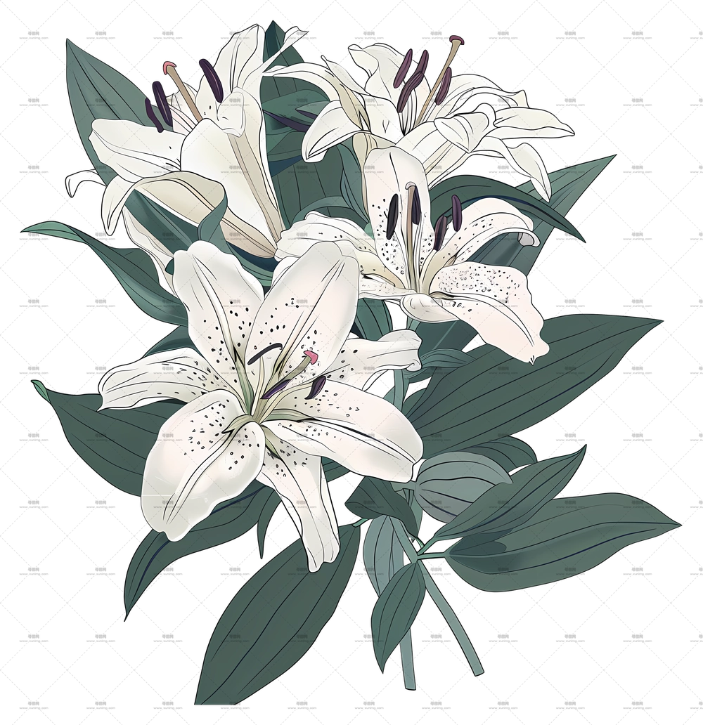 百合花束 – 带绿叶的白色百合花插画PNG免抠图预览图