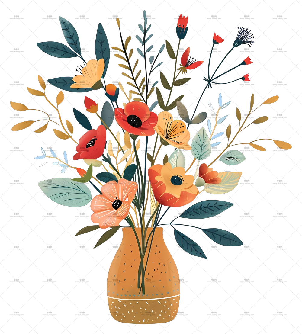 插画中的鲜花花瓶与鲜艳的花朵PNG免抠图预览图