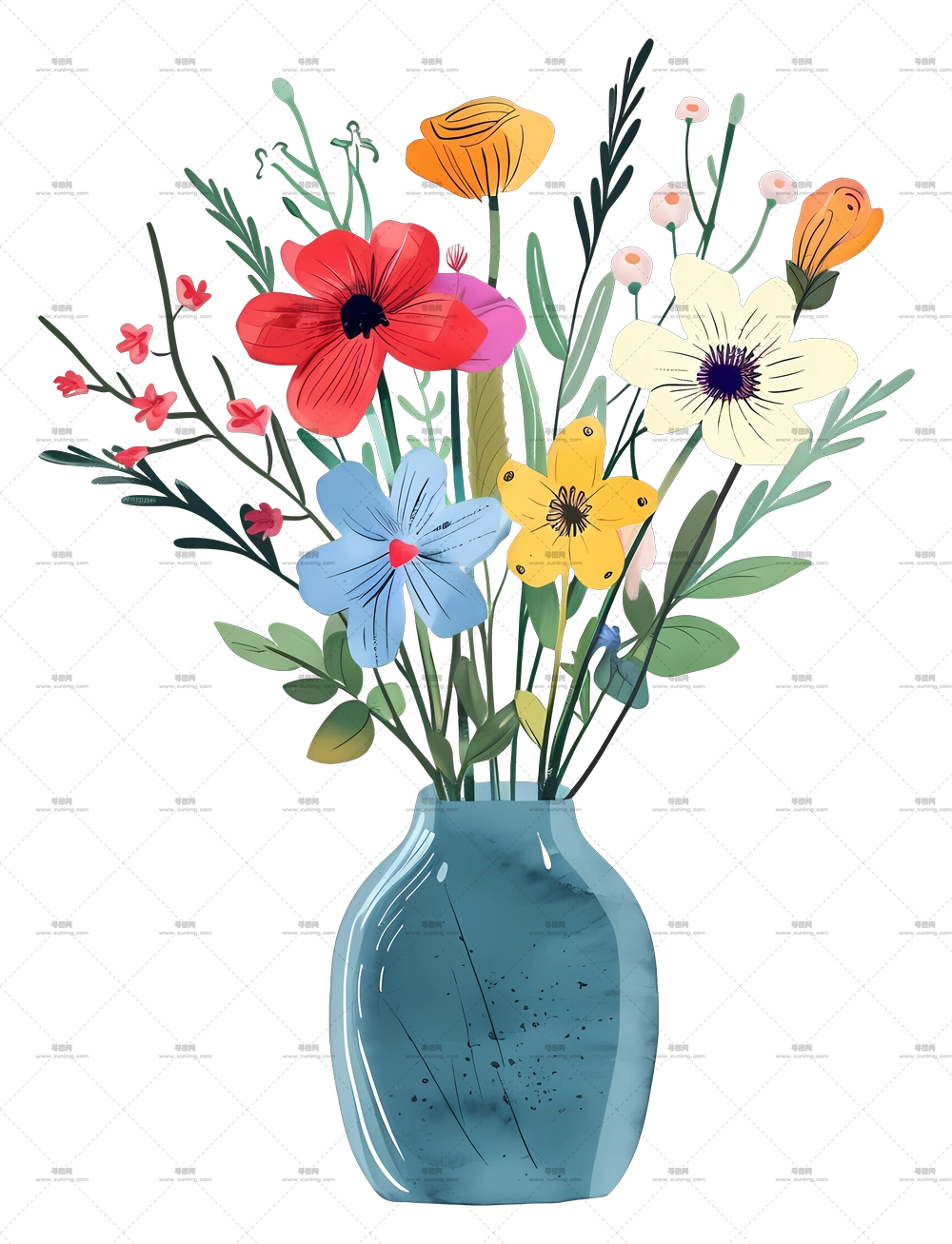 蓝色花瓶里装着彩色花束PNG免抠图预览图