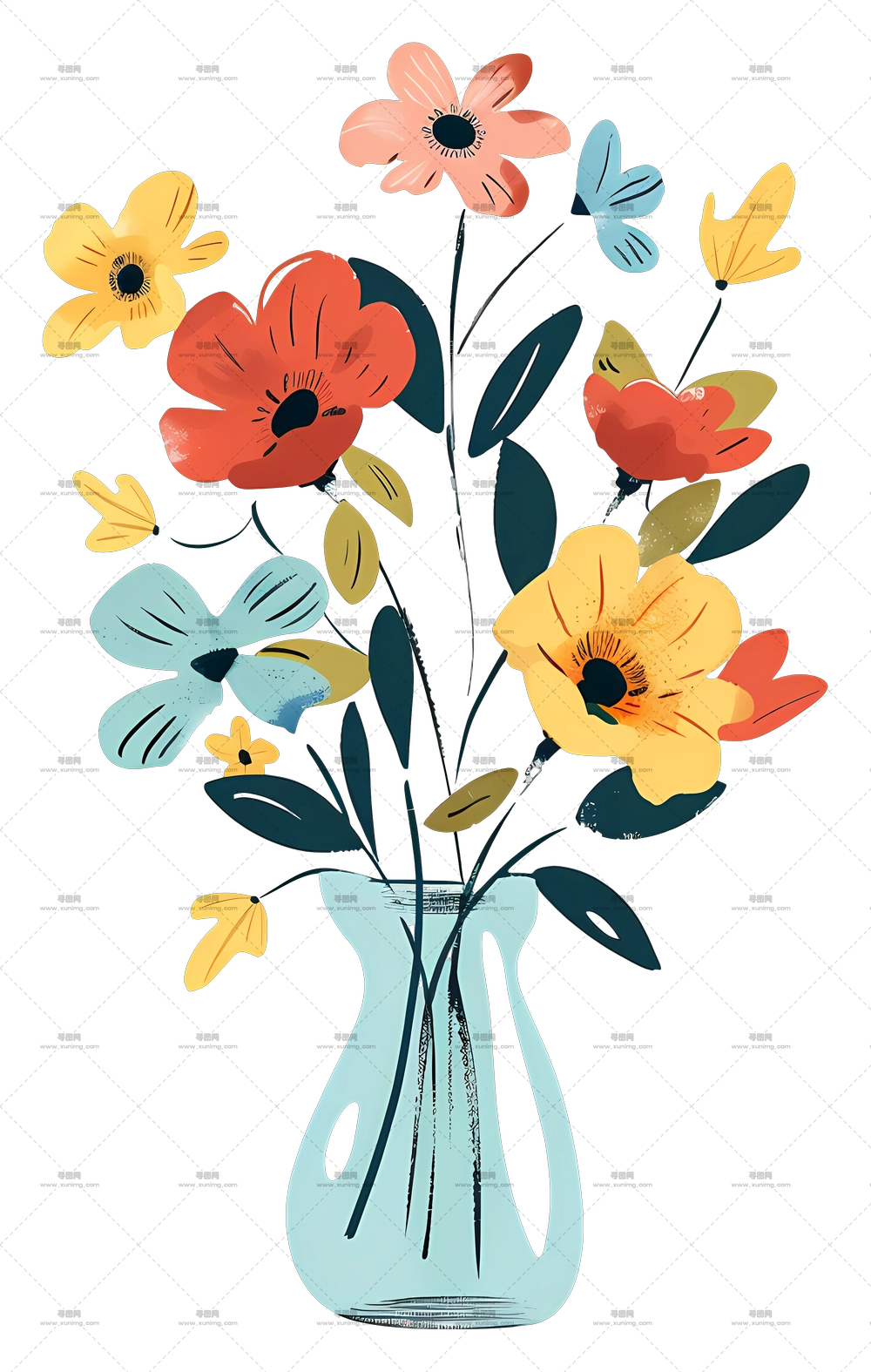 带彩色花朵的插花瓶插图PNG免抠图预览图