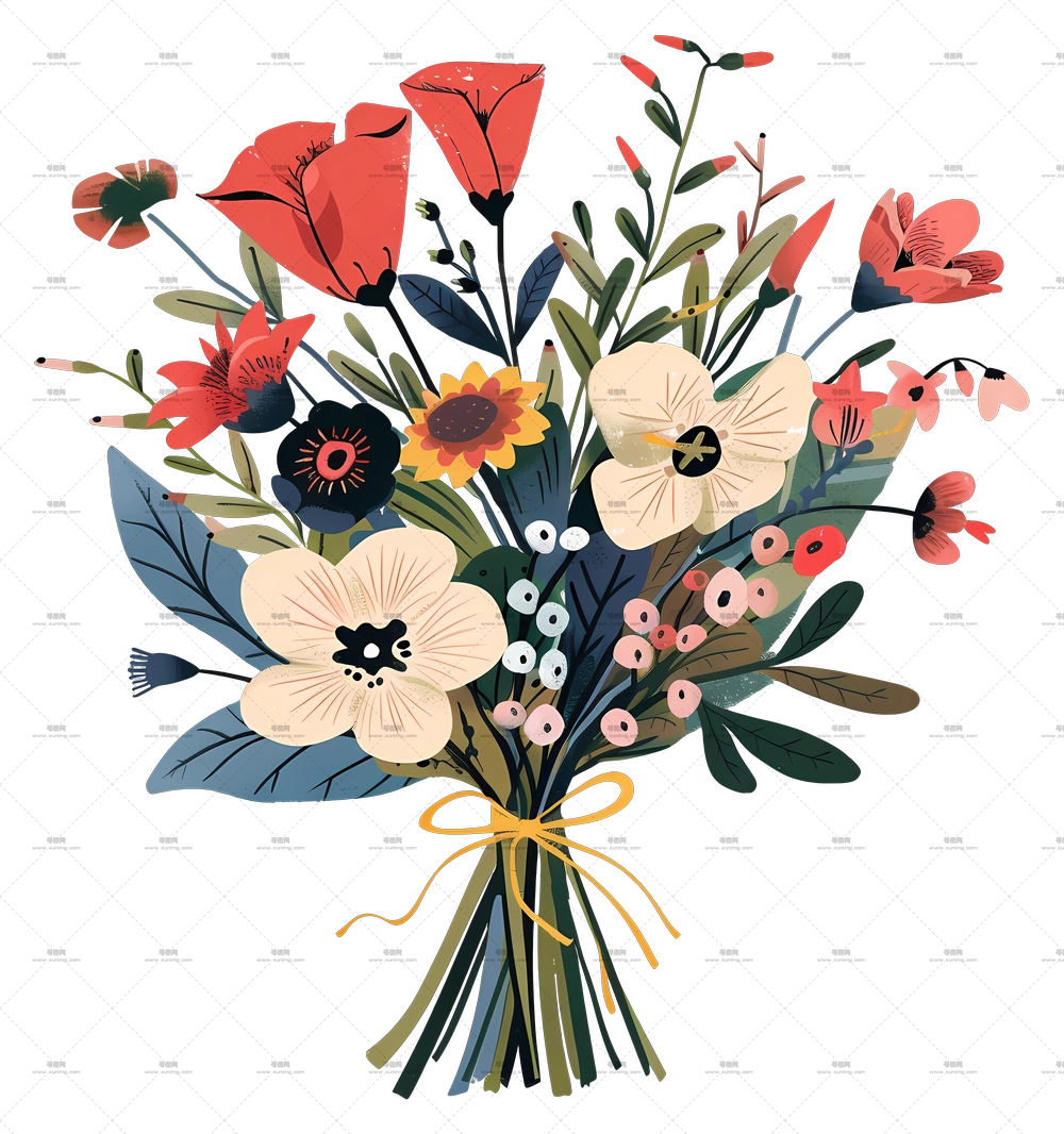 多彩花卉束插画PNG免抠图预览图