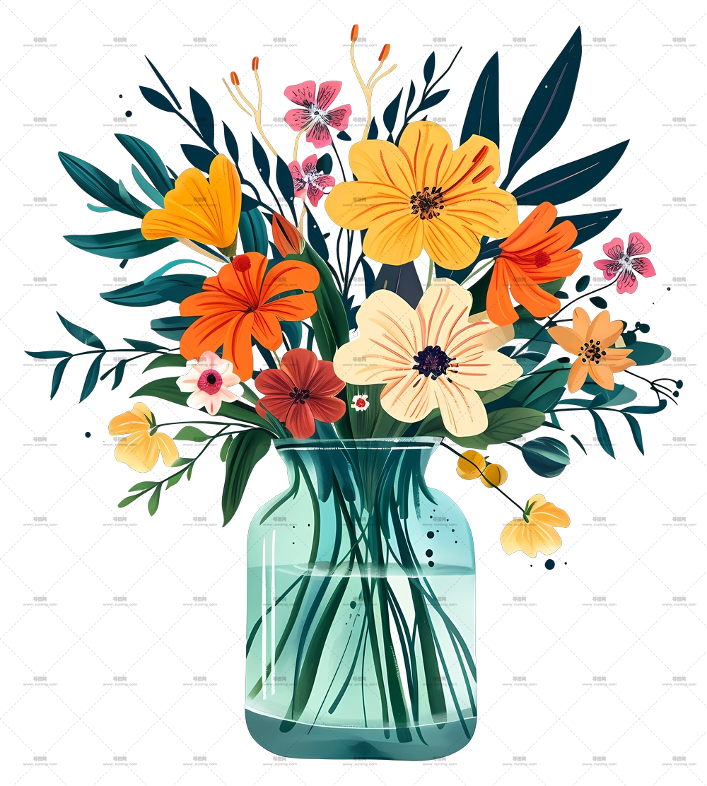 彩色花朵玻璃瓶插图PNG免抠图预览图