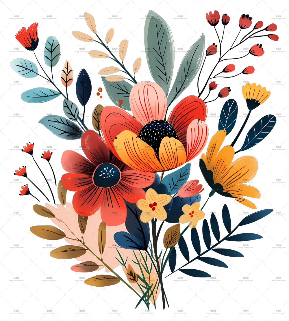 多彩花卉束插画PNG免抠图预览图