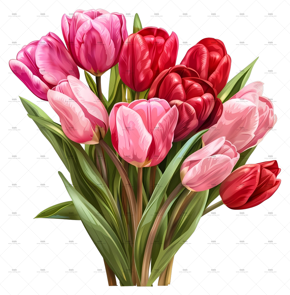 郁金香花束 – 红色与粉色郁金香花束插画PNG免抠图预览图