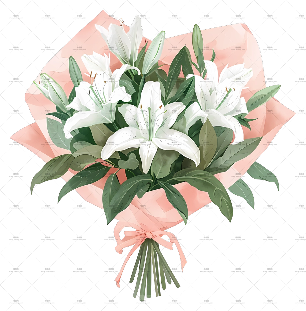 百合花束 – 带装饰粉色包装的白百合花束PNG免抠图预览图
