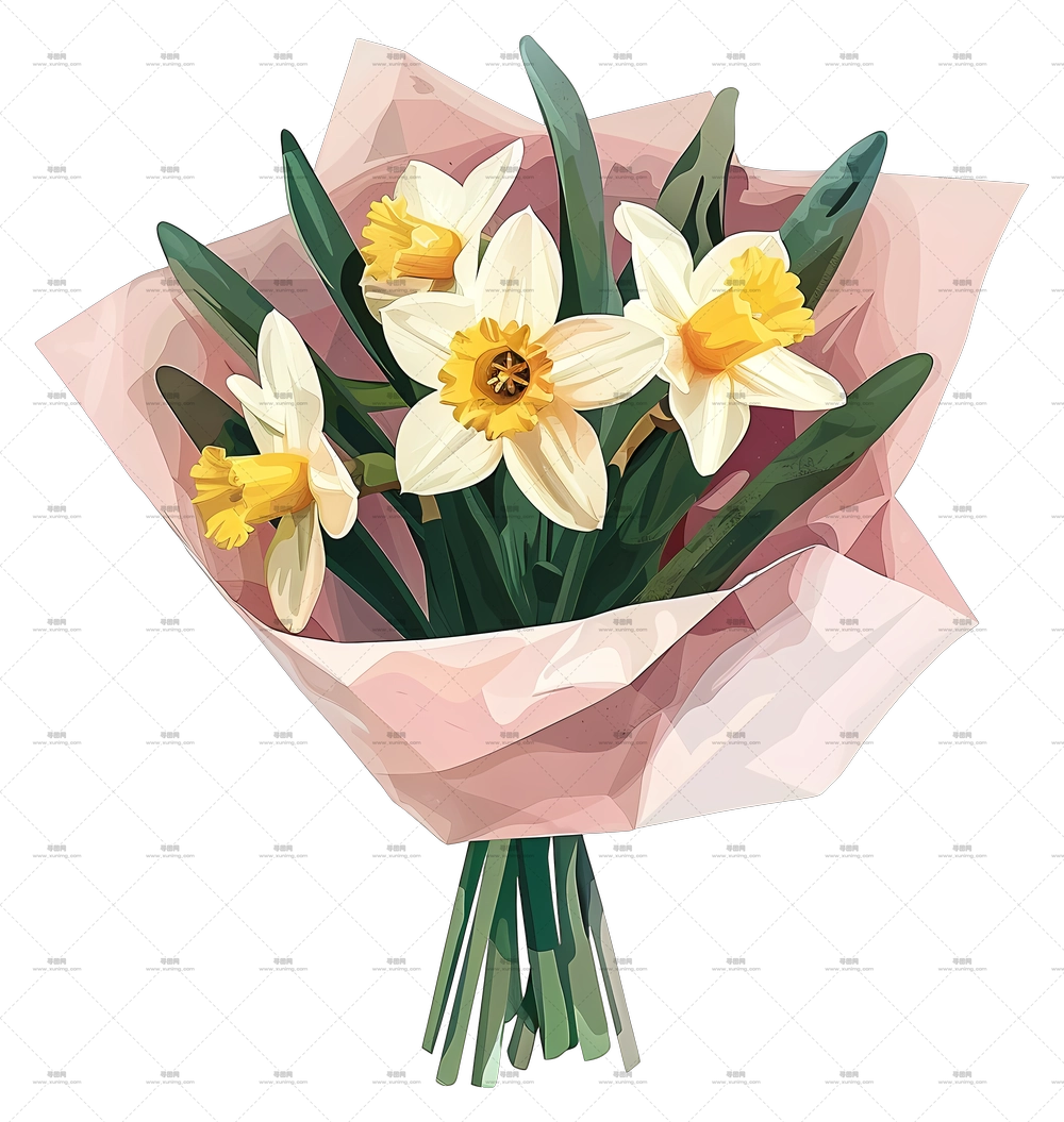 水仙花束 – 带粉色包装的水仙花束插图PNG免抠图预览图