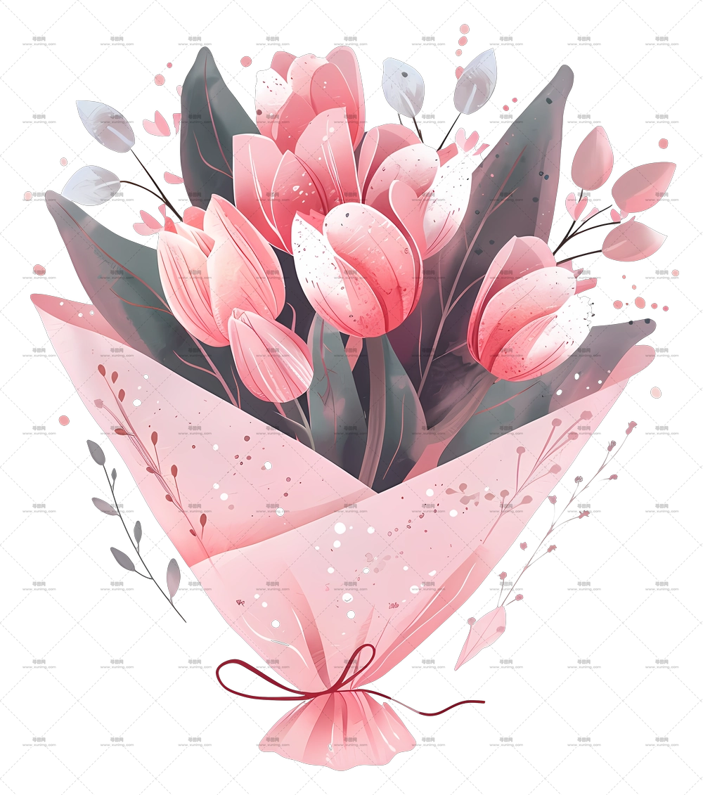 郁金香花束 – 卡通风格的粉色花朵花束PNG免抠图预览图