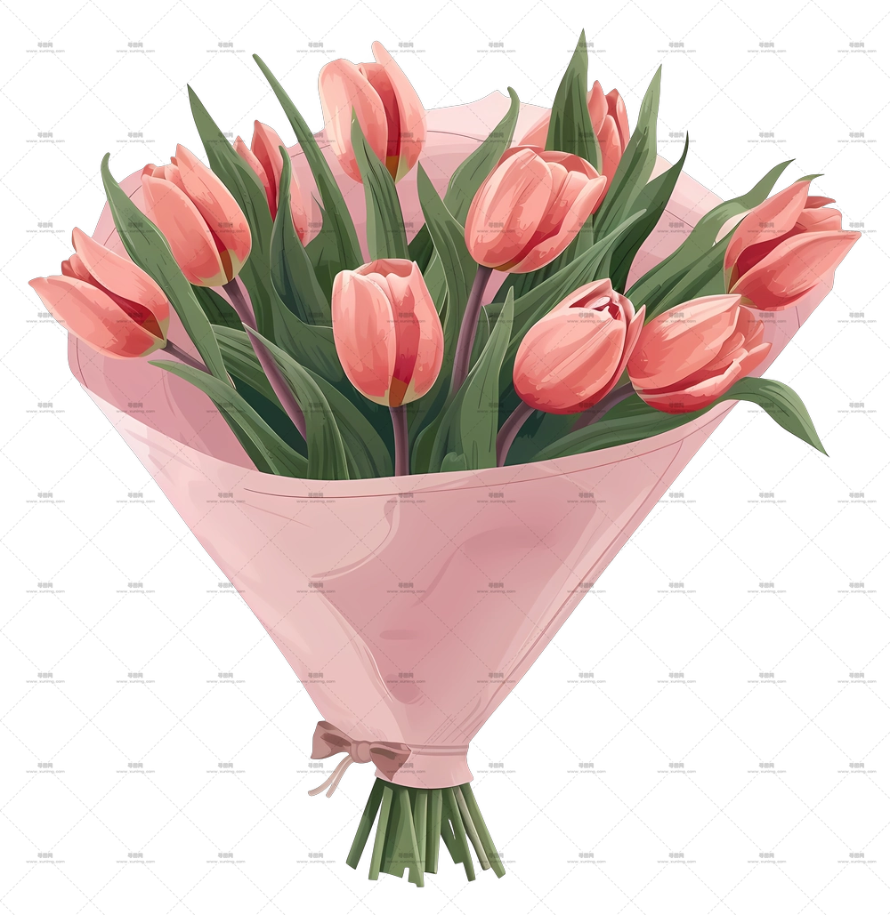 郁金香花束 – 粉色郁金香花束，配有包装纸PNG免抠图预览图