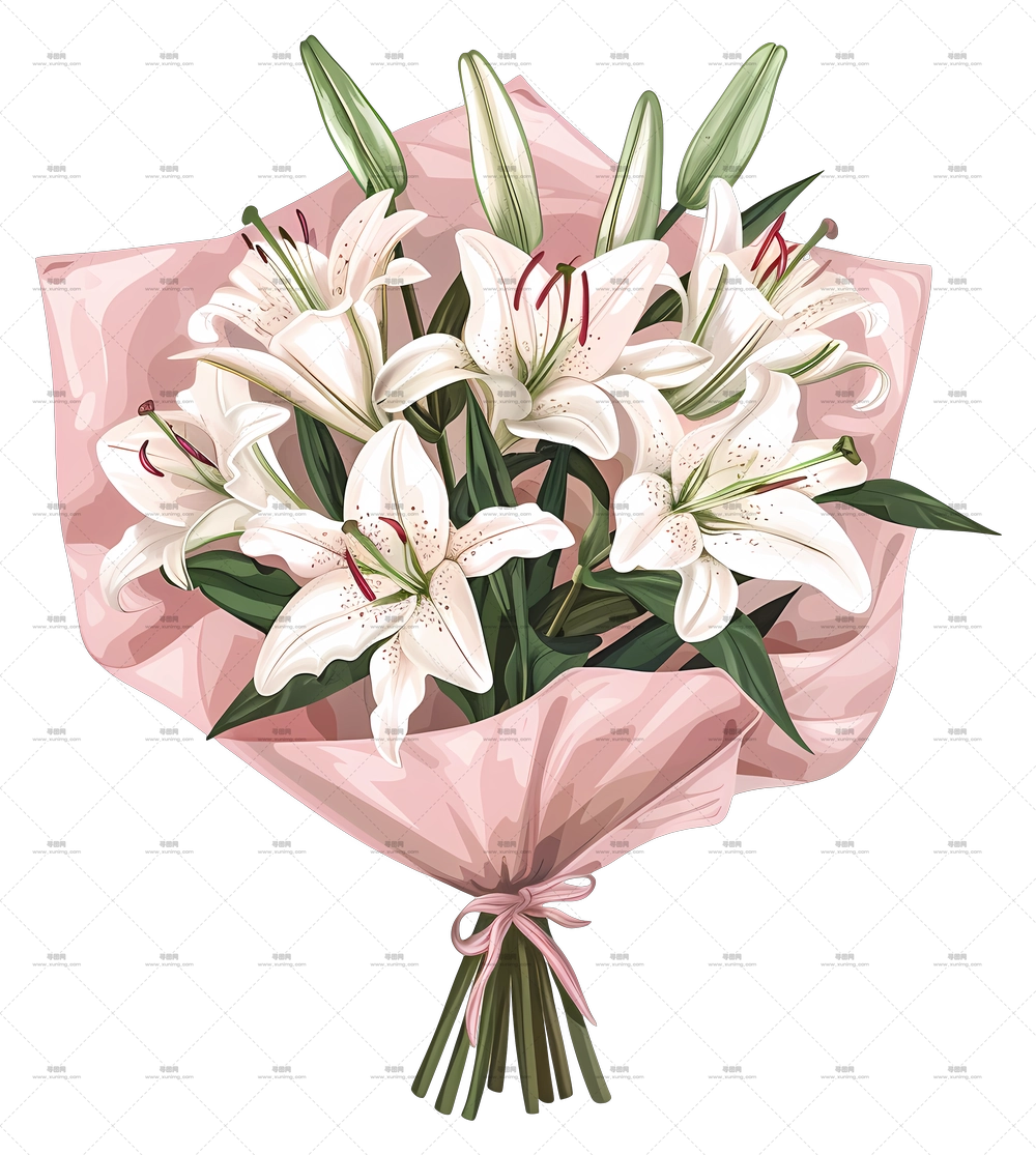 百合花束 – 白色百合花束，配有粉色包装PNG免抠图预览图