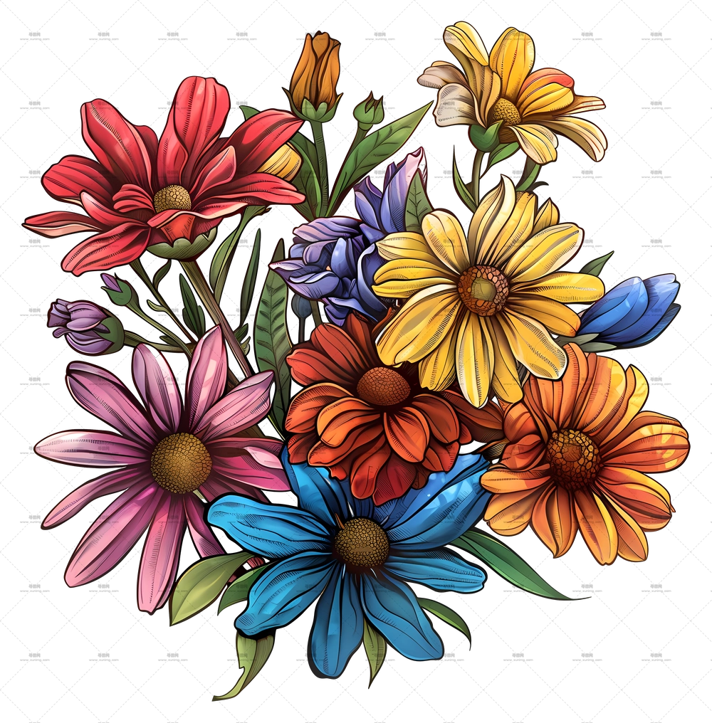 色彩鲜艳的雏菊花束PNG免抠图预览图